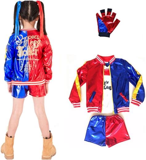 Disfraz Combinación 3pcs Suicide Squad Harley Quinn Niña Cosplay Costume Con Guantes Amazones