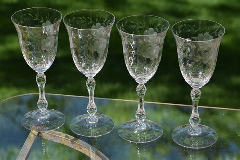 Vintage Etched Wine Glasses Set Of 4 Cambridge Lucia 1940s Tall
