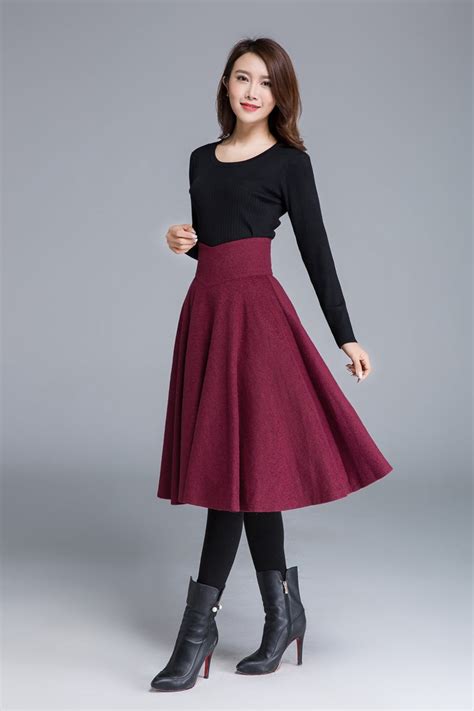 high waist flared midi skirt in red wool skirt circle skirt etsy