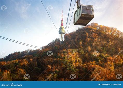 Cable Car From Seoul Tower With Mountain Background In The Sunny