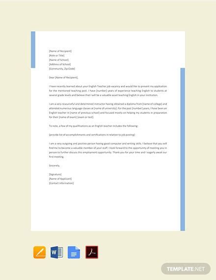 An application or cover letter summarises your strongest and you can use an application letter sample to write your own letter but make sure you do not just copy it ref: English Teacher Job Application Letter Template [Free PDF ...