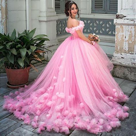 Puffy Ball Gown Quinceanera Dresses Pink Tulle Off Shoulder Sweet 16