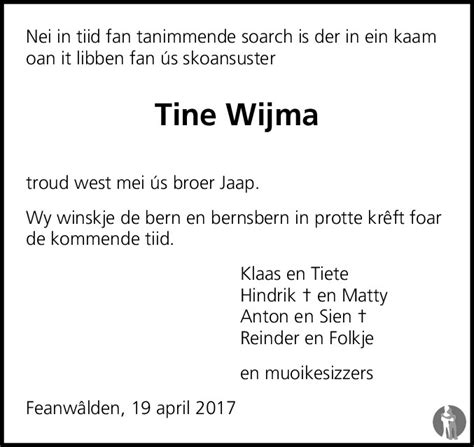Trijntje Tine Wijma Wijma 19 04 2017 Overlijdensbericht En