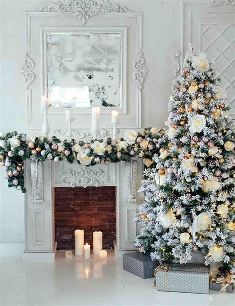 White Snow Cover Christmas Tree Aside Fireplace Backdrop