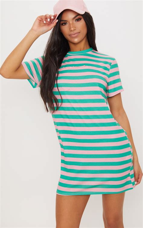 Prettylittlething Embroidered Green Stripe Oversized T Shirt