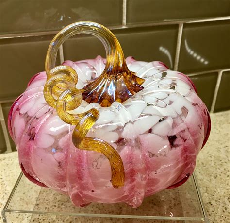 Large Pink And White Hand Blown Glass Pumpkin Created By Bobby Bowes