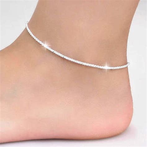 Thin 925 Stamped Silver Plated Shiny Chains Anklet For Women Girls