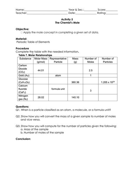 The number of representative particles contained in one mole of a substance; Science Concepts and Questions (K to 12): Mole Concept ...