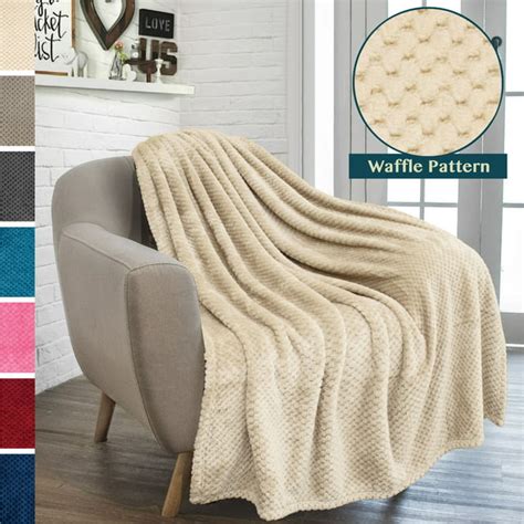Pavilia Waffle Fleece Throw Blanket For Couch Bed Cream Super Soft