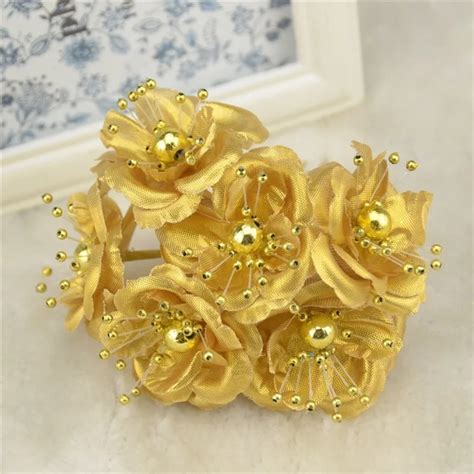 6pcs lot gold bridal headdress flower mini silk artificial rose flowers bouquet scrapbooking