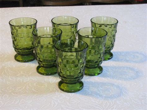 Set Of 6 Vintage Green Juice Glasses Footed Cube Pattern Etsy Cube Pattern Vintage Green