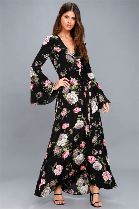 Lovely Black Floral Print Dress Wrap Dress Maxi Dress Lulus