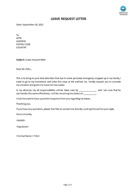 Kostenloses Leave Request Letter Example