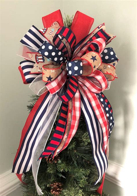 Patriotic Christmas Tree Topper Bow Large Red White And Blue Etsy