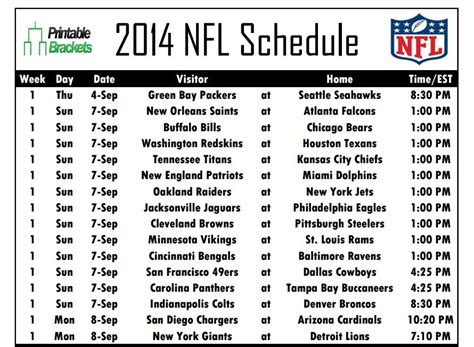 Printable NFL Schedules For All 32 Teams Now Available At