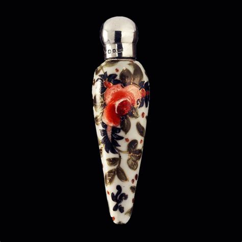 1887 Floral Enamelled Porcelain Scent Perfume Bottle Silver Top