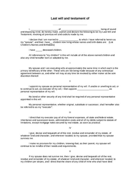 Will Testament Free Printable Documents