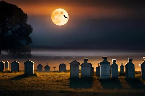 Premium Photo A Full Moon Rises Over A Graveyard