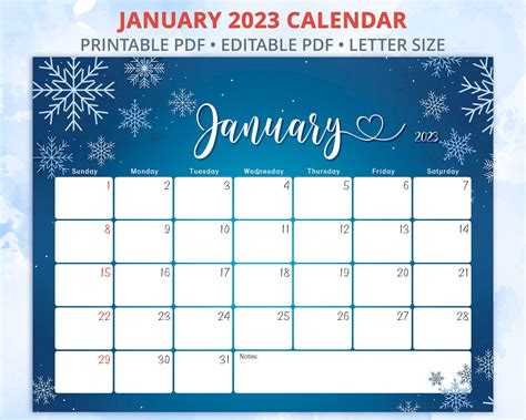 January Calendar Letter Size Printed Items Printables Notes
