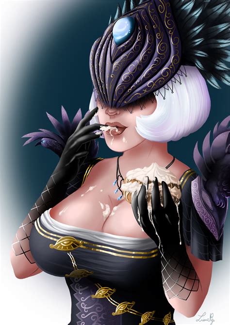 eat nox smite smite highres 1girl breasts cake cleavage cream eating feathers food