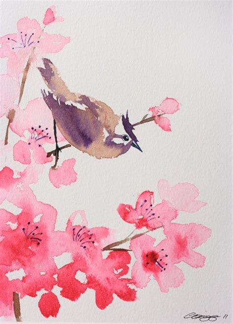 Cherry Blossom And Bird Original Watercolour Painting 8 X 10 Etsy
