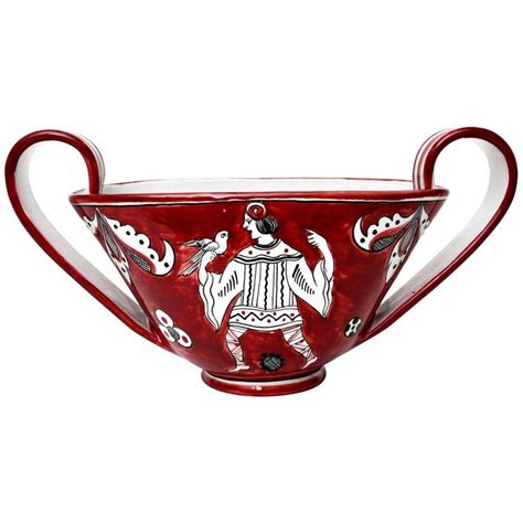 Italian Glazed Red White And Black Ceramic Bowl Or Vessel Mid Century