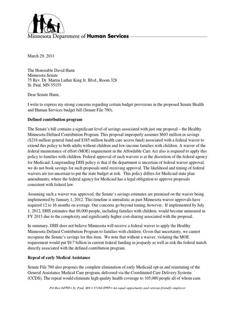 Minnesota Department Of Human Services Letter To Mn Senate Medicaid Patient Protection And