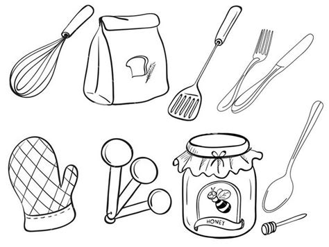 Download kitchen tools stock vectors. food preparation utensils coloring page