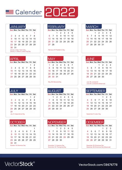 Calendar 2022 Federal Holidays Royalty Free Vector Image