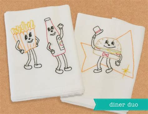 Diner Duo Hand Embroidered Dish Towels Etsy Fun Towels Hand