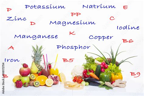 Vitamins And Minerals List With Fruits And Vegetables Stock Photo