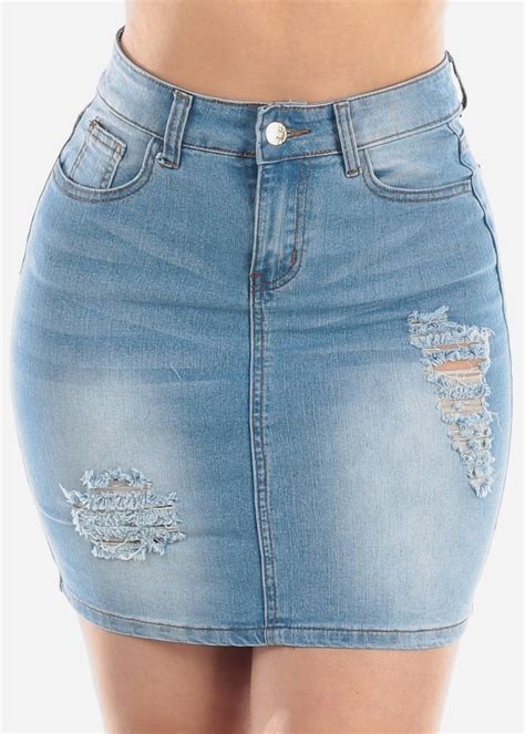 Modaxpressonline Womens Denim Skirt High Waisted Light Wash Ripped Distressed Above Knee Mini