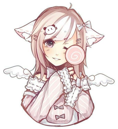 Cute Little Girl With Cat Ears And Angel Wings