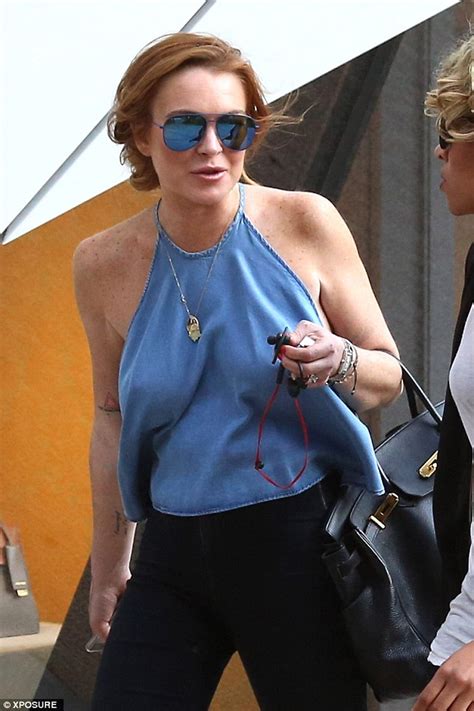 Lindsay Lohan Braless In Halter Neck Top For Lunch Date In
