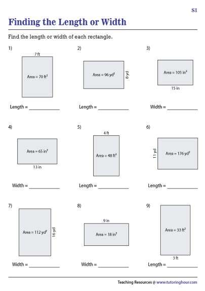 Finding Length Or Width Of A Rectangle From Area Worksheets