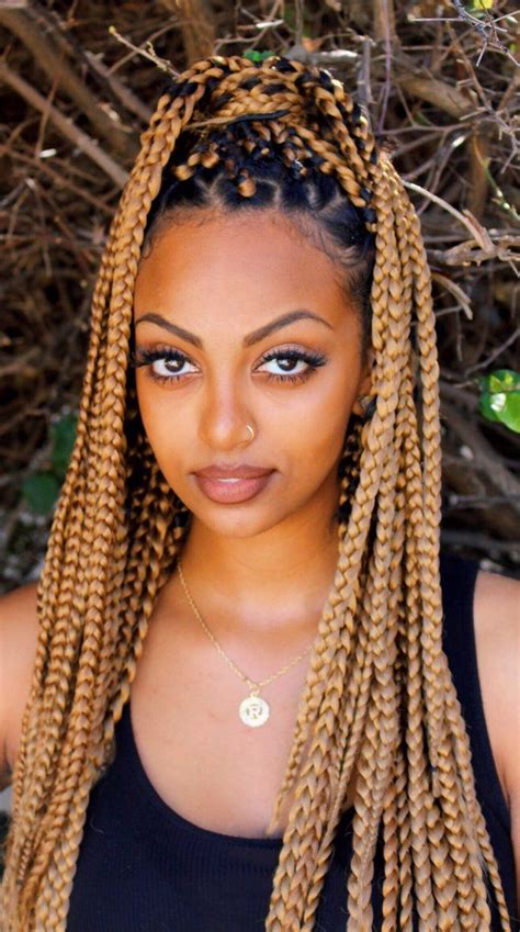 To get the blonde hair you will need to blow dry the hair and then apply a gel so that the color bonds with the hair to look glossy. RN (@DopeEthiopian) | Blonde box braids, Hair styles ...