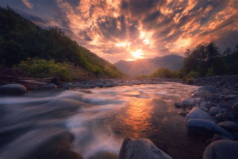 Sunset Harmony Sunset Scenic Mountain River