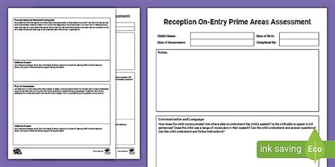 Eyfs Reception On Entry Prime Areas Assessment Twinkl