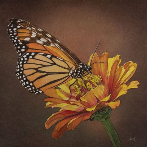 A Painting Of A Monarch Butterfly On A Yellow And Orange Flower With