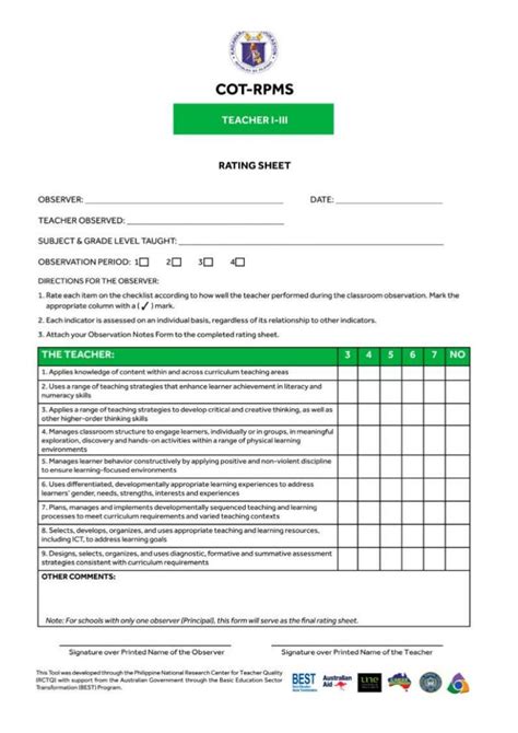 Classroom Observation Tool Template Deped