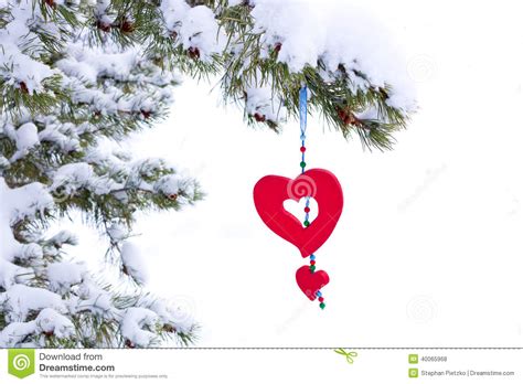 Isolated Snowy Christmas Tree Red Heart Decoration Stock