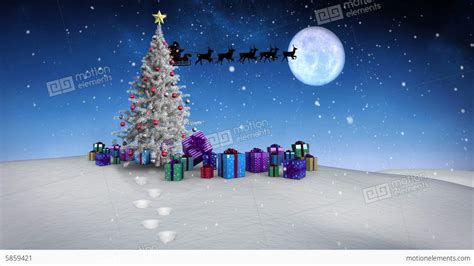 Santa And His Sleigh Flying Over Snowy Landscape With Tree And Ts