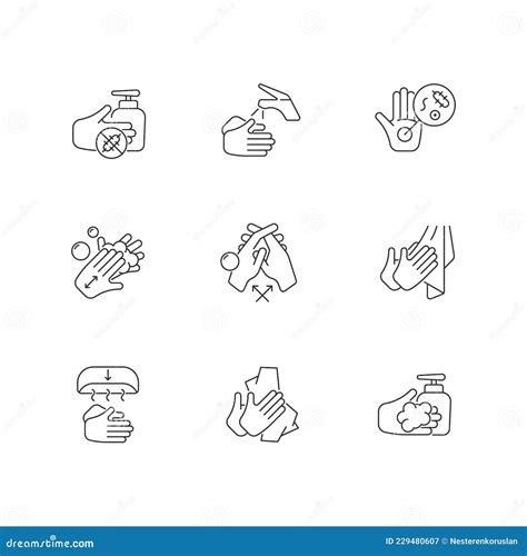 Hand Washing Steps Linear Icons Set Stock Vector Illustration Of