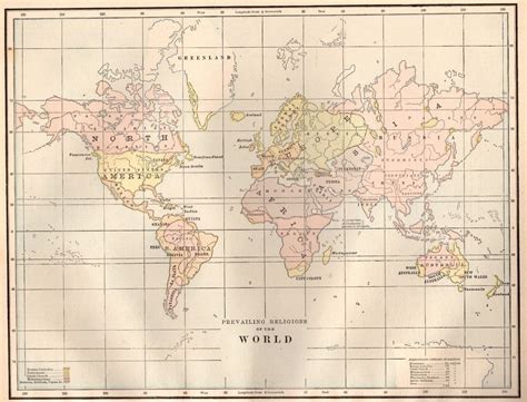 1886 Antique World Map Of The World Religions Map Gallery Wall Art 3210