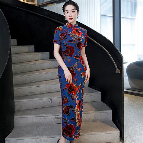 green red floral velvet cheongsam chinese dresses for women double layer short sleeved oriental