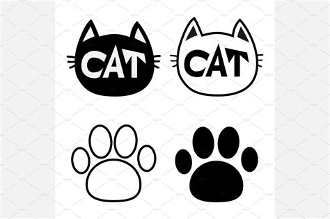 Black Cat Head Paw Print Set Pre Designed Illustrator Graphics