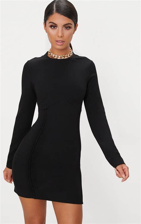 Black Long Sleeve Panelled Bodycon Dress Prettylittlething