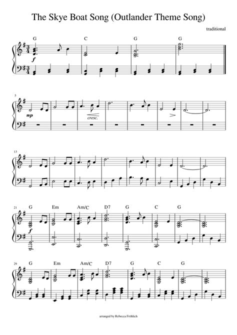 The Skye Boat Song Outlander Theme Sheet Music For Piano Solo Easy