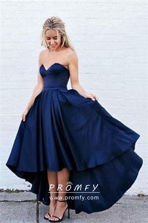 Navy Blue Satin Simple Strapless Sweetheart High Low Prom Dress