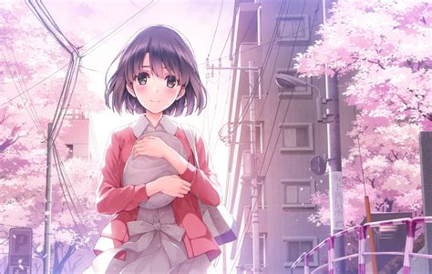 Anime Anime Girls Short Hair Smiling Gray Eyes Cherry Blossom
